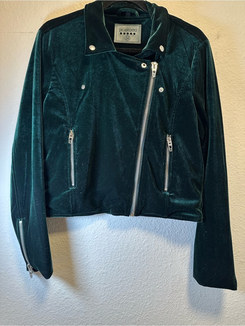 BLANKNYC Green Velvet Moto Jacket Women M Asymmetrical Zip Biker Cropped
